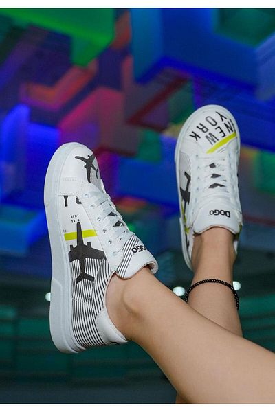 Dogo Women's Vegan Leather White Sneakers - New York Ticket Design