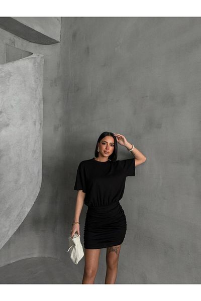 ELBEY Crew Neck Short Sleeve Shirred Dress