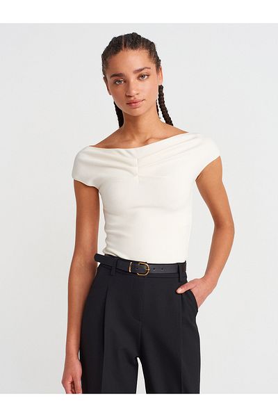 Dilvin 31718 Off-The-Shoulder Pleat Detailed Ball-Stone