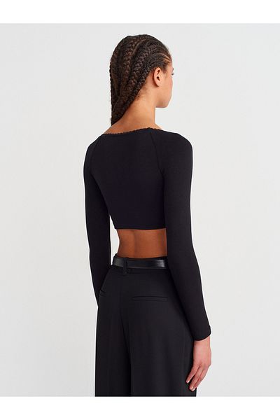 Dilvin 31722 Lace Trim Long Sleeve T-Shirt-Black