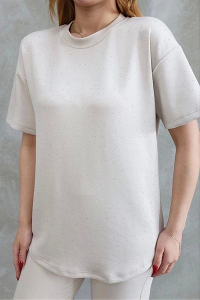 Tam12den Home Crew Neck Stone Detailed Short Sleeve Suit - Beige
