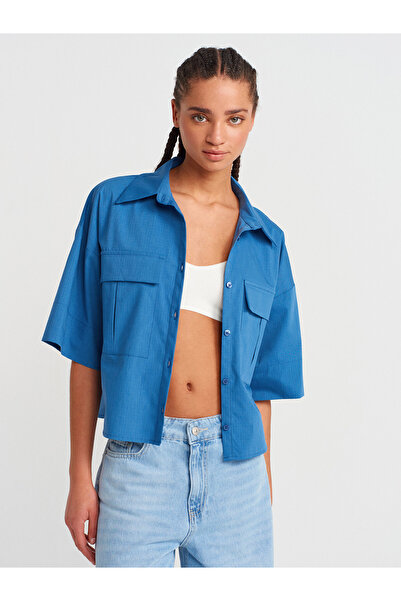 Dilvin 50495 Oversize πουκάμισο Indigo με τσέπες