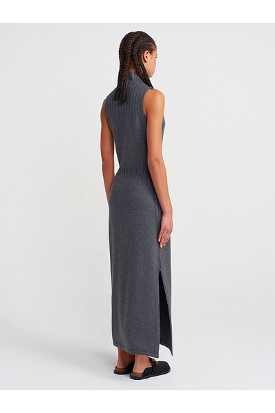 Dilvin 90243 Stand Collar Slit Knitwear Dress