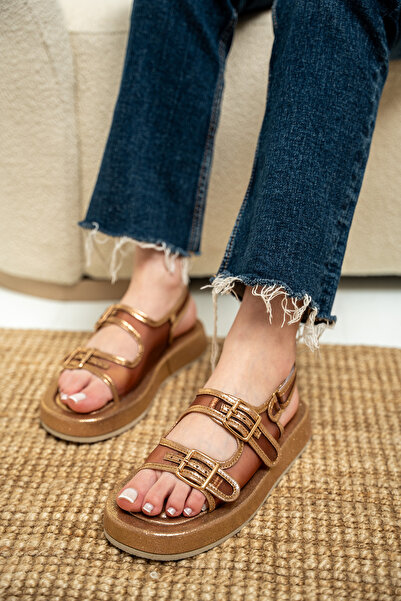 LAMİNTA Purly Bronze Double Buckle Women's Ballerinas