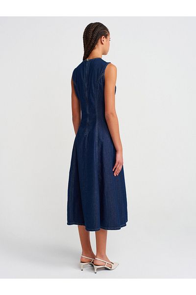 Dilvin 90550 Long Denim Dress with Cups on the Sides-Navy Blue