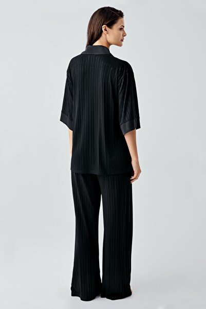 Artış Truvakar Kol Düğmeli Saten Detaylı Esnek Viskoz Pijama Takım