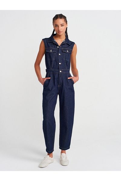 Dilvin 71804 Sleeveless Long Denim Jumpsuit-Navy Blue