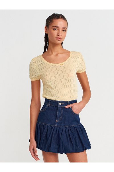Dilvin 10730 Open Crew Neck Openwork Bow Detailed Thin Knitwear Blouse-Yellow