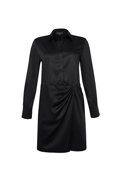 Beauty Omelette Siyah Drapeli Poplin Mini Gömlek Elbise