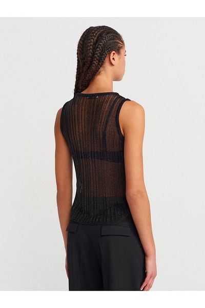Dilvin 10727 Crew Neck Transparent Knitwear Blouse-Black