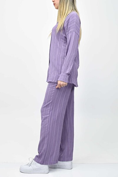 birizmoda Gofre Yazlık Gömlek-Pantolon Takım - Lila