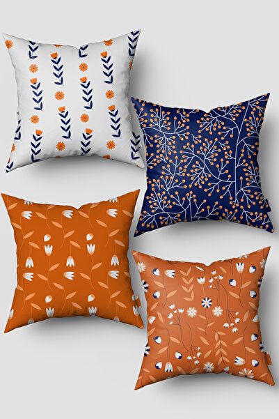 EsnafAli Σετ με 4 κάλυμμα μαξιλαριού με μπλε πορτοκαλί λουλούδι