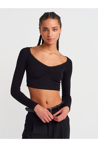 Dilvin 31722 Lace Trim Long Sleeve T-Shirt-Black