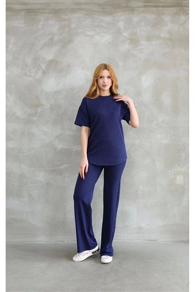 Tam12den Home Crew Neck Short Sleeve Suit with Stone Detail - Navy Blue