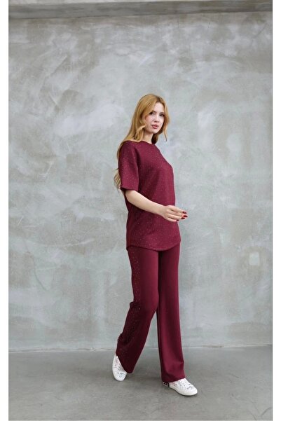 Ekince Crew Neck Short Sleeve Suit with Stone Detail - Claret Red