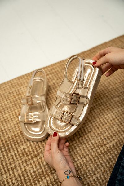 LAMİNTA Purly Gold Double Buckle Women's Ballerinas