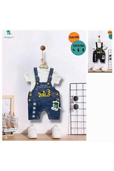 CROCODAYS Βρεφικό τζιν κοντομάνικο για αγόρια με κέντημα γάτας, σετ 2 τεμαχίω...