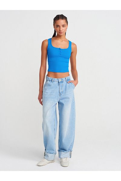 Dilvin 71806 Pantaloni cu balon din denim cu picior - Albastru