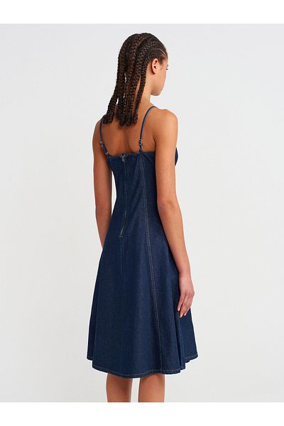 Dilvin 90549 Rochie midi din denim cu bretele-albastru închis