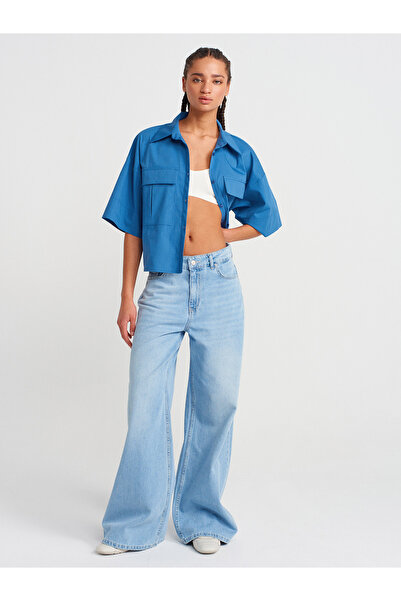 Dilvin 50495 Oversize πουκάμισο Indigo με τσέπες