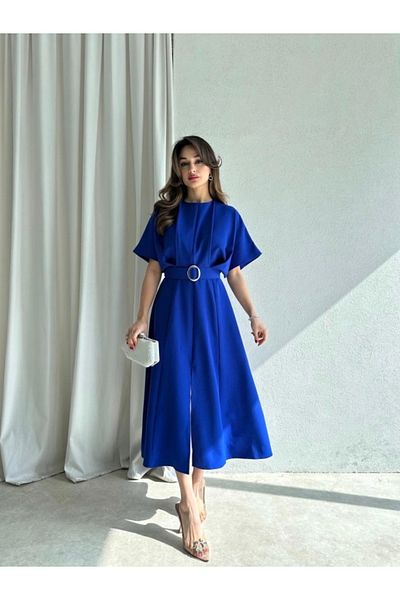 Afiş Butik Rochie midi cu pliuri cu fantă Saks albastră