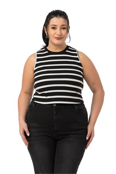DISENTIS MODEST Large Size Thick Striped Short Black and White Bodysuit