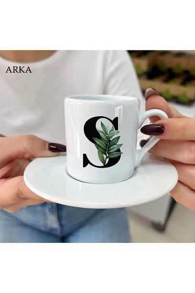 Hediyeciabla Special Design Special Moments Turkish Coffee Cups with Letter S and Floral Leaves