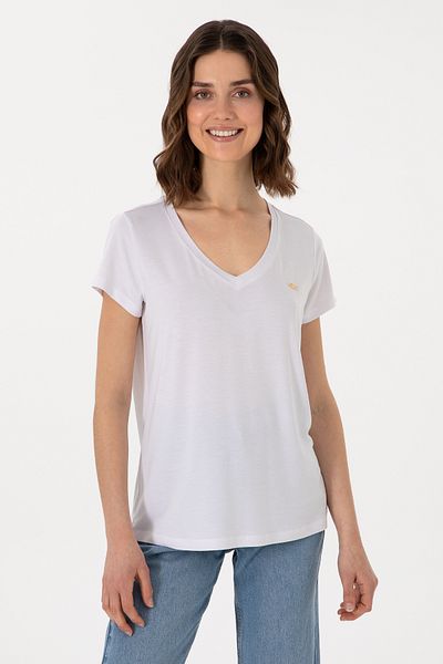 U.S. Polo Assn. Tricou alb de bază cu decolteu în V pentru femei 50300829-vr013