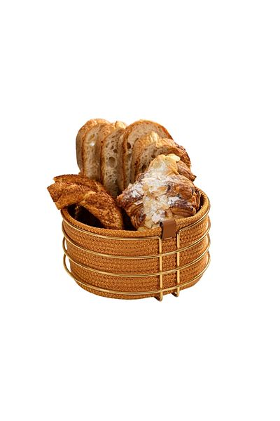 Edora Home Stylish Gold Round Bread Basket - Mustard Wicker Knitted, Macrame, Multi-Purpose Metal Stainless