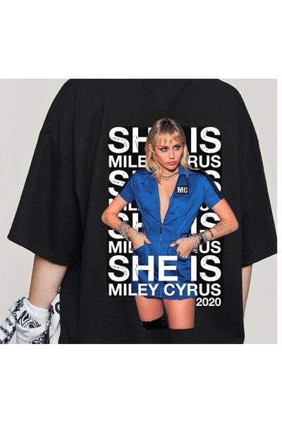 weywot تي شيرت أسود مايلي سايروس 2020 مطبوع من الأمام/الخلف للجنسين