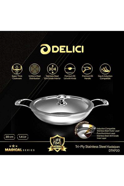 DELICI Tri Ply Stainless Steel Kadai Pan Dtkp20, 20cm With Lid, 1.4l Capacity, Stainless Steel