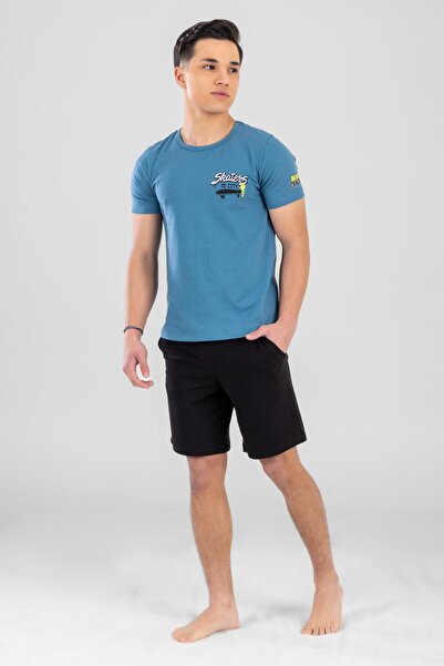 BAYKAR Genç Erkek Çocuk Pamuklu Bisiklet Yaka Yazı Baskılı Kısa Kollu Şortlu Pijama Takımı 9616 Mavi