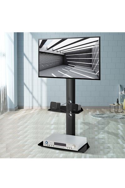 FlashHawk Floor TV Stand with Tempered Glass Tray Base fits 32-55 inch Screen TV for Home Office