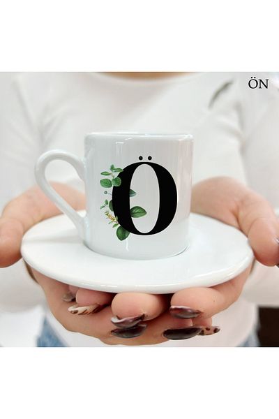 Hediyeciabla Special Design Special Moments Turkish Coffee Cups with Letter Ö and Floral Leaves