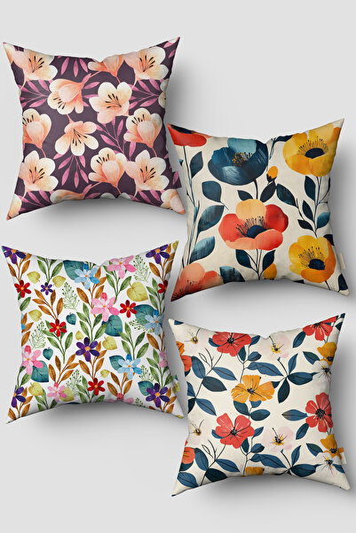 EsnafAli Set de 4 huse de pernă cu model de flori decorative albastru violet