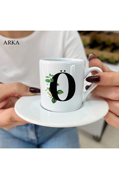 Hediyeciabla Special Design Special Moments Turkish Coffee Cups with Letter Ö and Floral Leaves