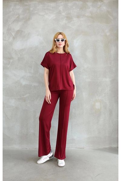 fh fashionhere Osy Modal Soft Textured Fabric Crew Neck Short Sleeve Set - Claret Red