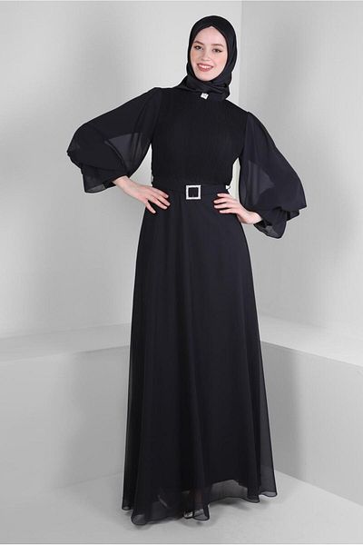 Alvina Balloon Sleeve Belted Chiffon Evening Dress 50387