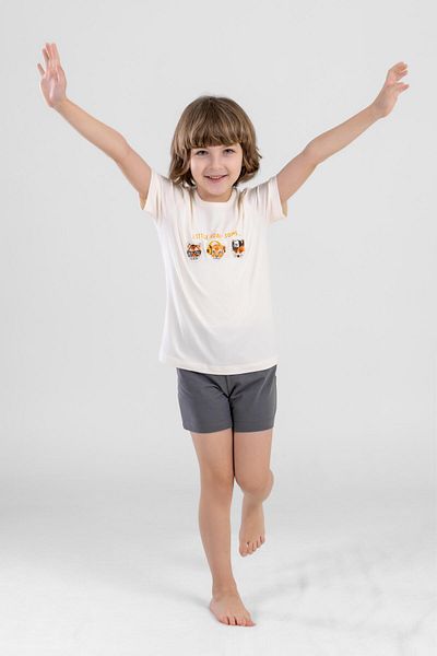 BAYKAR Male Child Cotton Crew Neck Animal Figure Printed Short Sleeve Shorts Pajamas Set 9611 Cream