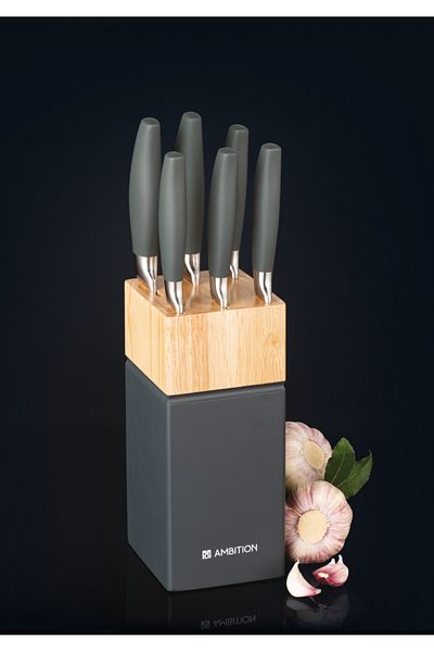 Ambition Knife set, 7 pieces, gray wooden block, Silvery