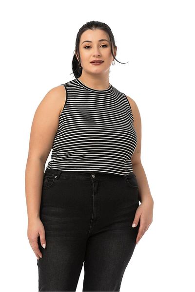 DISENTIS MODEST Large Size Slim Striped Short Black Bodysuit