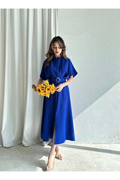 Afiş Butik Сукня міді з розрізами та детальним плісированим поясом Saks Blue Belt