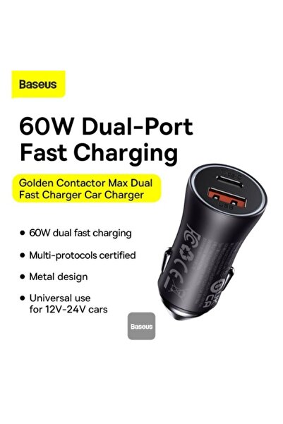 Baseus Baseus Golden Contactor Max Dual Fast Car Charger USB + USB-C - 60W - Dark Grey