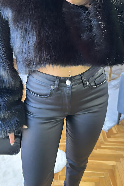 Damla Demli Siyah Mumlu Deri Pantolon