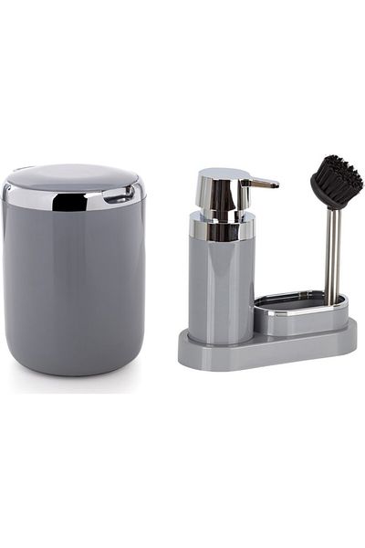 Ansan Gray Pollen Kitchen Set - 300ml Liquid Soap Dispenser, Plastic Brush (20X8,5X19,5Cm), with Sponge Bowl) 1 Piece