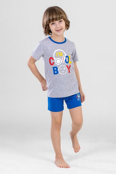BAYKAR Male Child Cotton Bicycle Neck Letter Printed Short Sleeve Shorts Pajamas Set 9612 Gray