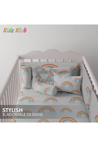 Kidz Klub 7-Piece Baby Crib Sleeping Set, Dreamy Rainbow Skies Cot Set, Size: 70 x 130 cm