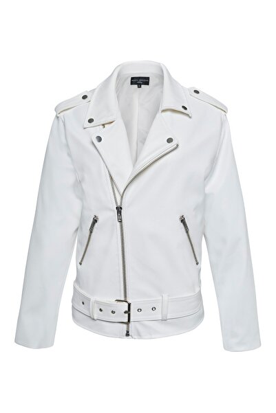 Beauty Omelette Beyaz Deri Görünümlü Biker Ceket