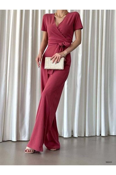 Modafeminen Double Breasted Collar Belted Crepe Fabric Jumpsuit 582431 Dusty Rose