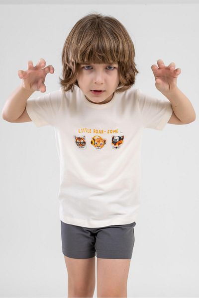 BAYKAR Male Child Cotton Crew Neck Animal Figure Printed Short Sleeve Shorts Pajamas Set 9611 Cream